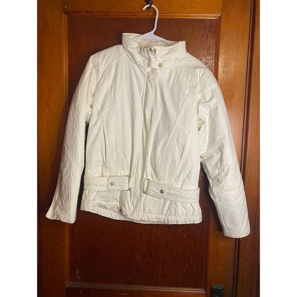 VINTAGE 80s White Snow Bunny Obermeyer Ski Bomber Belted Jacket Large - Picture 1 of 10